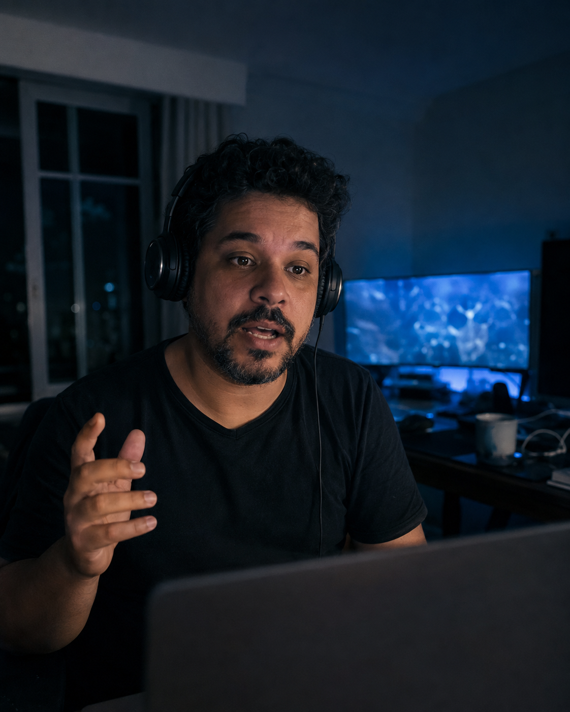 Profissional de TI brasileiro em call de trabalho falando inglês
